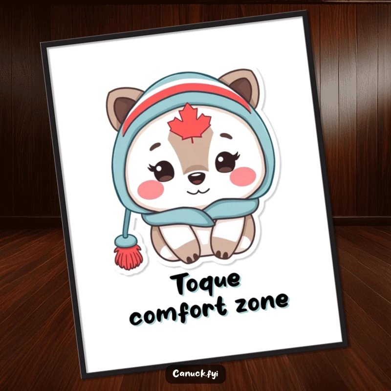 Funny Canadian animal character in a toque, looking incredibly cozy and content, presented as a charming poster print.