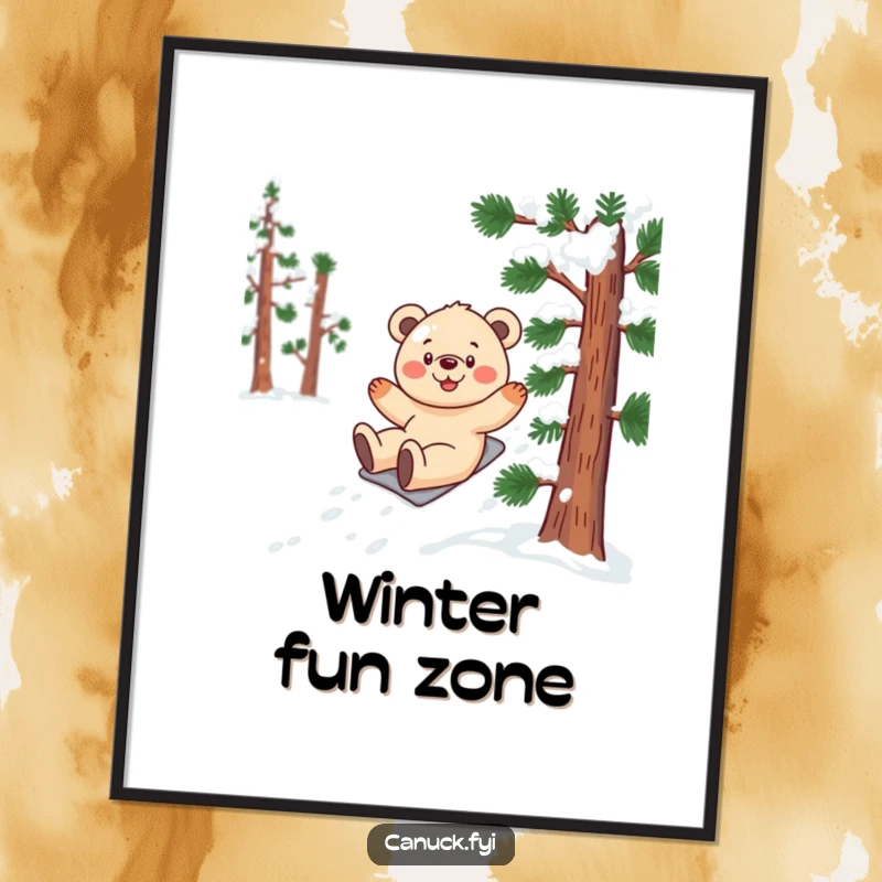 Funny bear cub poster capturing a smiling cub gleefully sliding down a snow-covered, stylized pine tree.