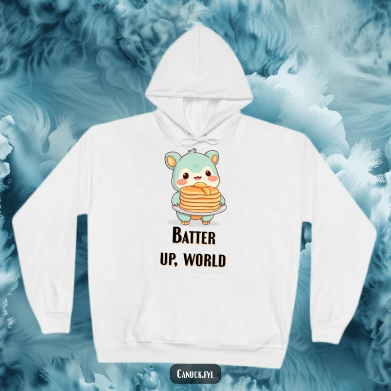 Funny Hoodie with a creature sporting a warm smile, extending a plate overflowing with delicious pancakes, a cozy and comical design.