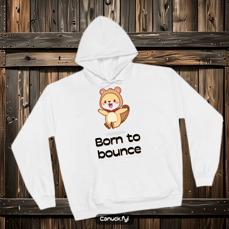 Funny animal hoodie featuring a character in a beaver tail costume, captured mid-hop with an infectious energetic expression.