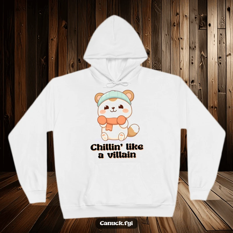 Funny hoodie showcasing a happy animal character in mittens, gleefully catching soft, falling snowflakes, radiating winter warmth.