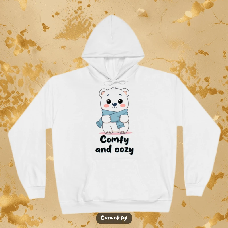Funny hoodie design of a happy polar bear with a scarf, ready to give a big, cozy hug.