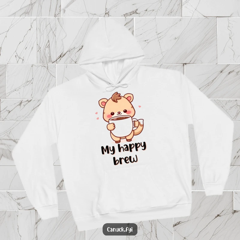 Funny Hoodie: Cheerful animal character enjoys steaming hot chocolate, offering ultimate coziness and warmth.