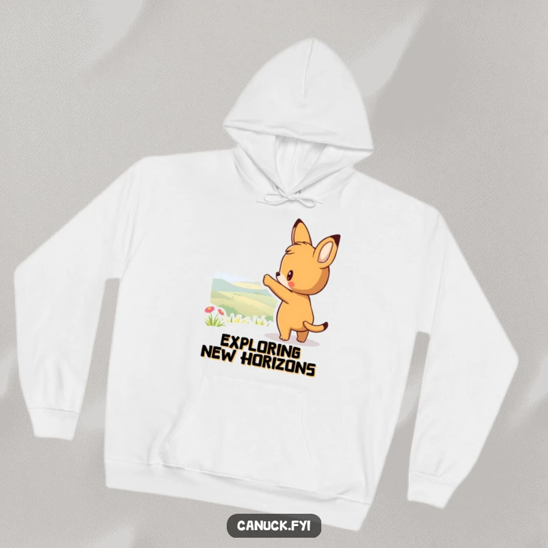 Funny hoodie showcasing a curious animal character pointing towards a distant scenic view, offering cozy comfort and inspiration for adventure.