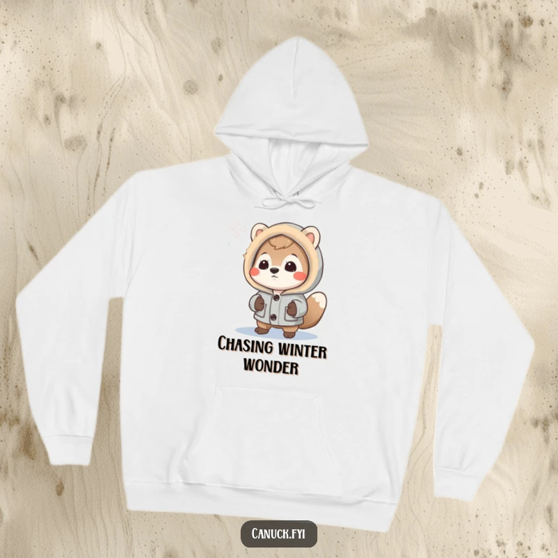 Funny Hoodie: Curious animal in a parka examines a snowflake, offering warmth and a touch of winter magic.