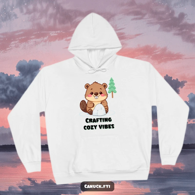 Funny Beaver Hoodie: A smiling beaver attempts to build a tiny igloo, offering a humorous and warm apparel choice.