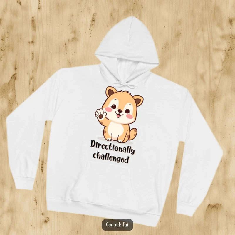 Funny hoodie with a happy animal waving and gesturing north, offering comfort and a humorous directional vibe.