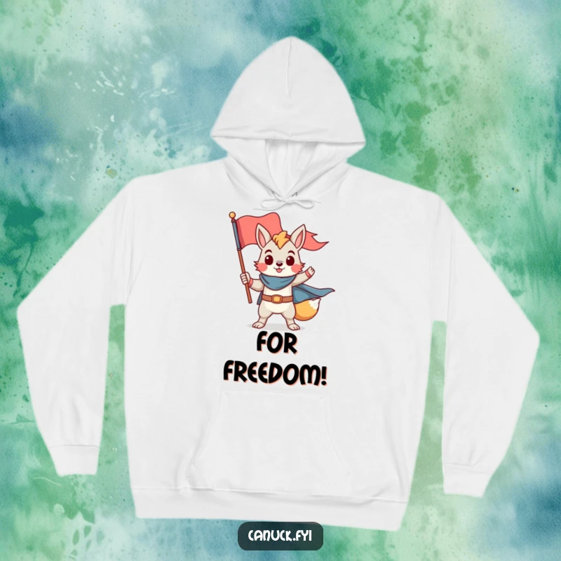 Funny hoodie with a proud animal character in a heroic pose holding a flag, cozy motivational funny gift.