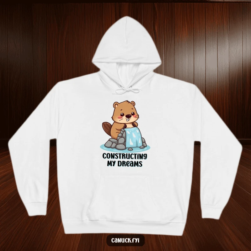 Funny hoodie showcasing a cute, stylized beaver actively constructing a miniature dam, embodying playful determination and engineering.