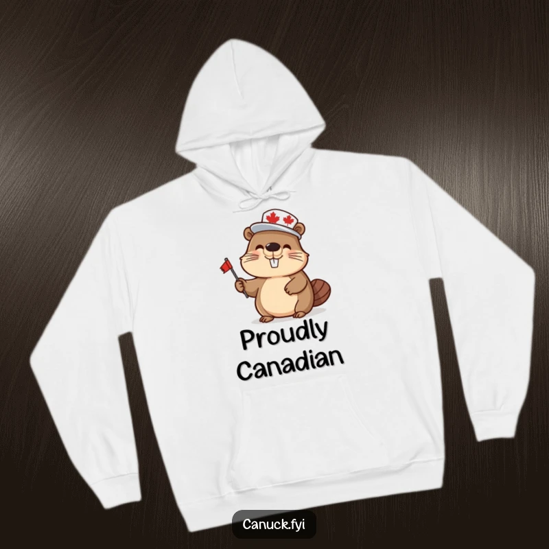 Funny beaver hoodie, wearing a tiny maple leaf hat and waving a flag, offering cozy comfort and humorous Canadian pride.