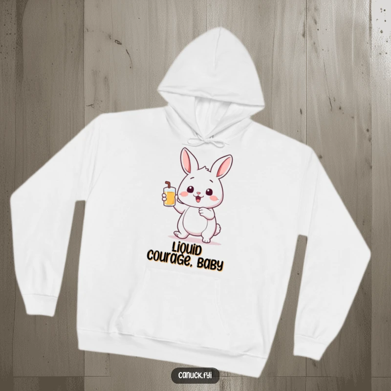 Funny hoodie showcasing a bouncing rabbit holding a small pint of liquid, perfect for cozy and humorous casual wear.