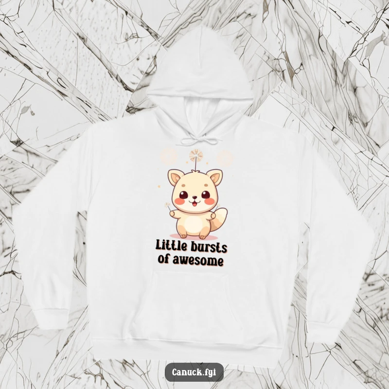 Funny hoodie showcasing a cheerful animal character celebrating with small fireworks. Ideal for staying cozy during festive occasions.