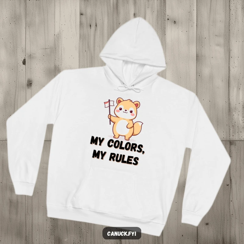 Funny animal hoodie showing a joyful character proudly standing and holding a small flag, perfect for cold days and patriotic cheer.