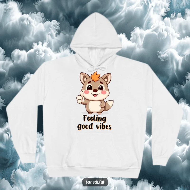 Funny Canadian animal character beaming with a grin while giving a thumbs-up, featured on a cozy hoodie to spread cheer.
