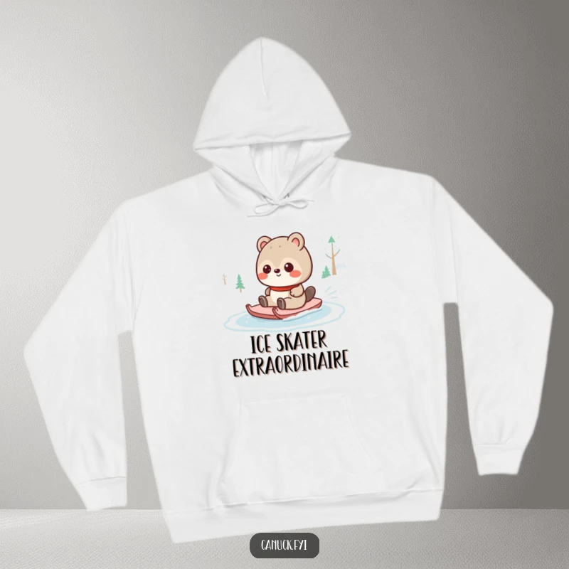 Funny Canadian animal character in a cozy hoodie playfully sliding on a frozen pond, embodying warm winter fun and cheerful vibes, for a hoodie.