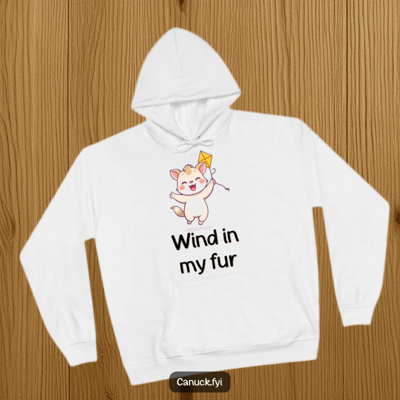Funny joyful animal hoodie, bright smile, dancing with a colorful kite, cozy and playful apparel.