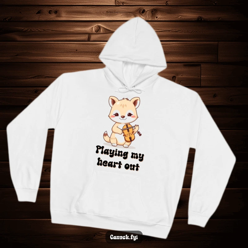 Funny hoodie displaying a friendly, determined animal artist playing a tiny fiddle with passion and gusto.