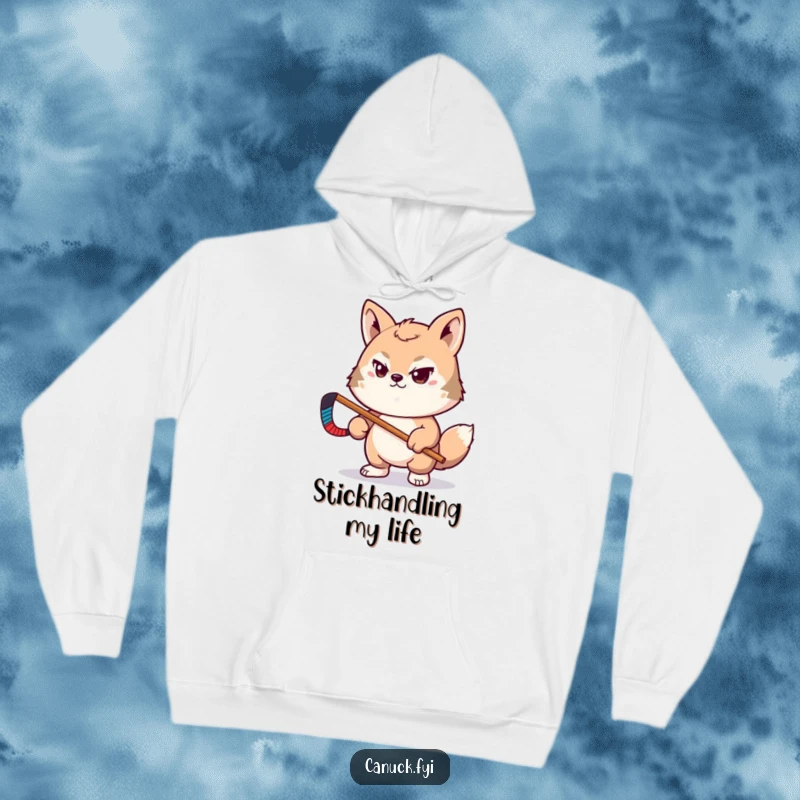 Funny hoodie with determined animal pal holding a tiny hockey stick, perfect for hockey fans, cozy funny gift.
