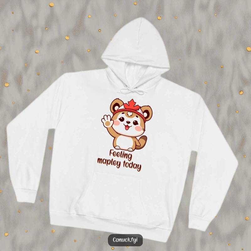 Funny Hoodie: Warm hoodie featuring a cute animal wearing a maple leaf hat, waving enthusiastically with Canadian charm.