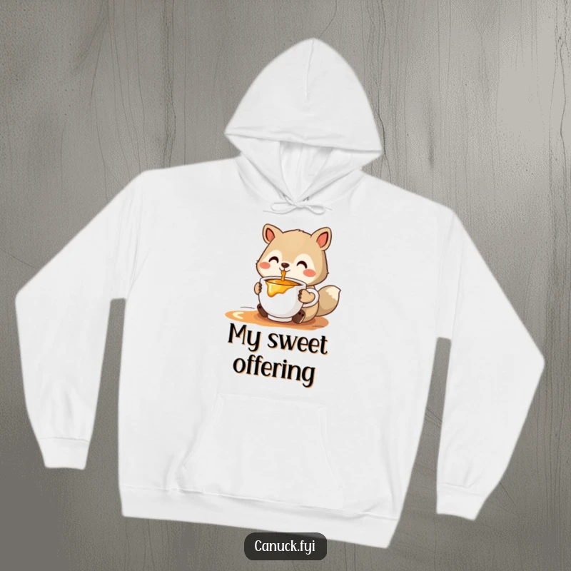 Funny stylized animal hoodie offering a cup of steaming maple syrup, designed for ultimate cozy and sweet comfort.