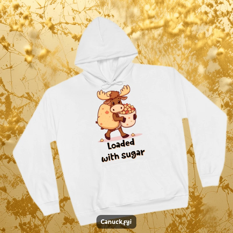 Funny Moose Hoodie: A clumsy moose carries a large bag of maple candies, offering a humorous and warm apparel choice.