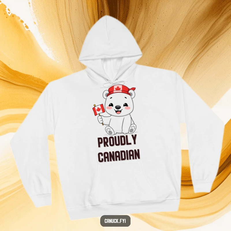 Funny Polar Bear Hoodie showing a smiling polar bear proudly holding a miniature Canadian flag, perfect for staying warm with patriotic flair.