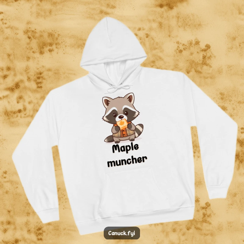 Funny cute raccoon lumberjack hoodie, small shirt, offering maple candy, cozy woodland apparel, humorous design.