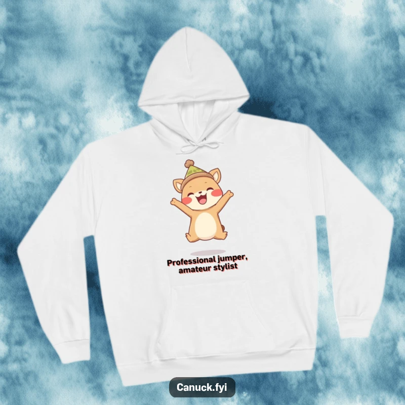 Funny hoodie showcasing a delightful animal in a toque, performing an energetic, joyful leap. Perfect for cozy, cheerful moments.