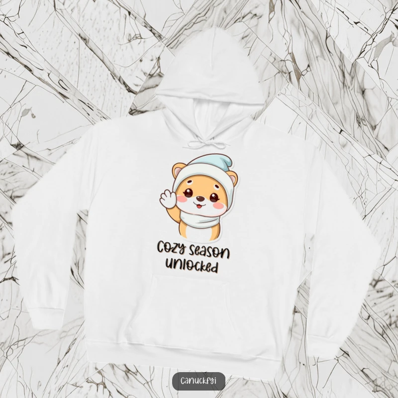 Funny Hoodie showcasing an animal in a warm winter hat, giving a big, happy wave, perfect for staying warm and stylish.
