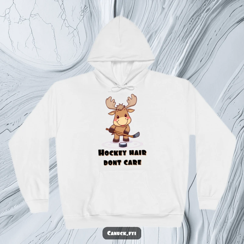 Funny smiling moose hoodie, playing hockey with a stick and puck, comfortable and warm, ideal for sports fans, a cozy gift.