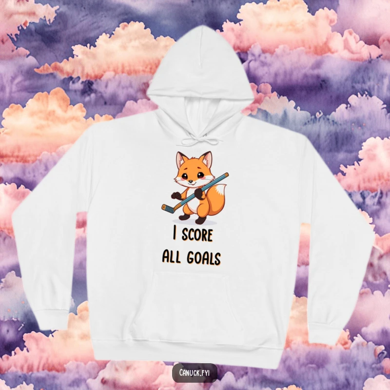 Funny playful fox hoodie, balancing a hockey stick on its paw, a comfortable and humorous apparel item.