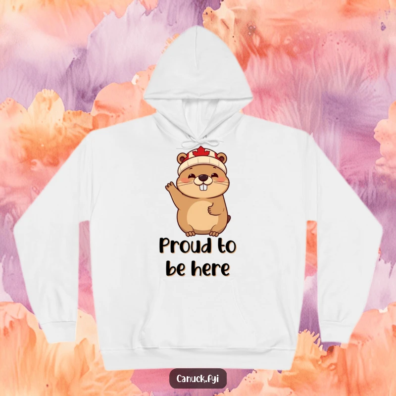 Funny cheerful beaver hoodie, maple leaf beanie, waving enthusiastically, a comfortable and humorous apparel item.