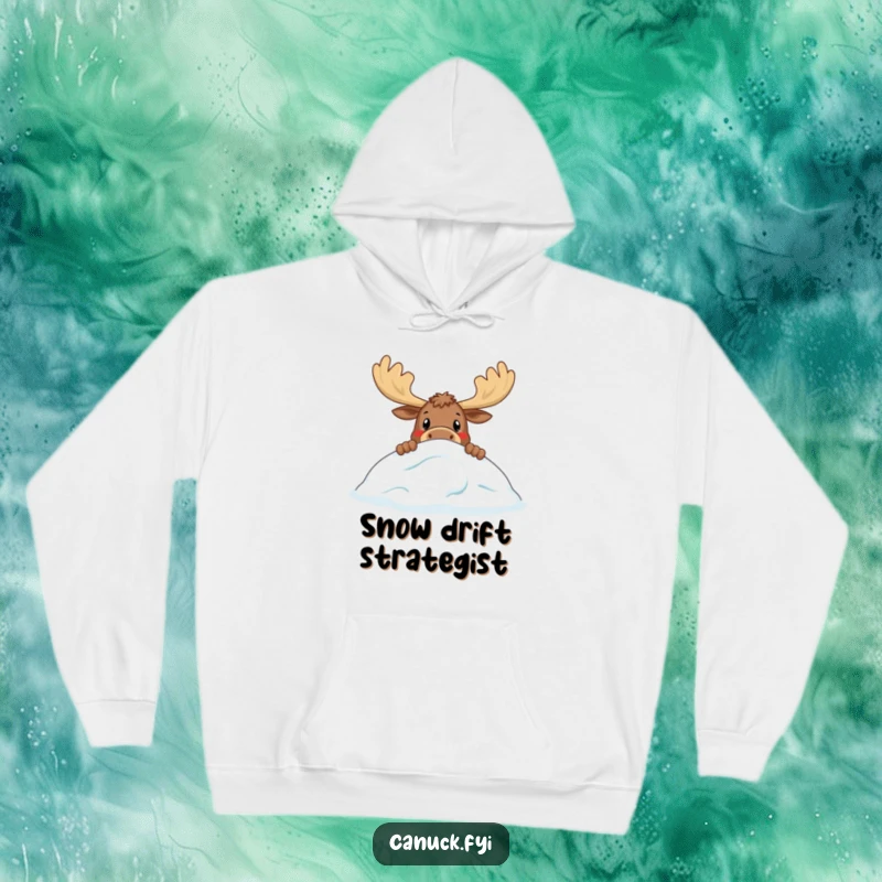 Funny hoodie showcasing a curious moose peeking over a stylized snowdrift, offering warmth and humorous woodland charm for winter.