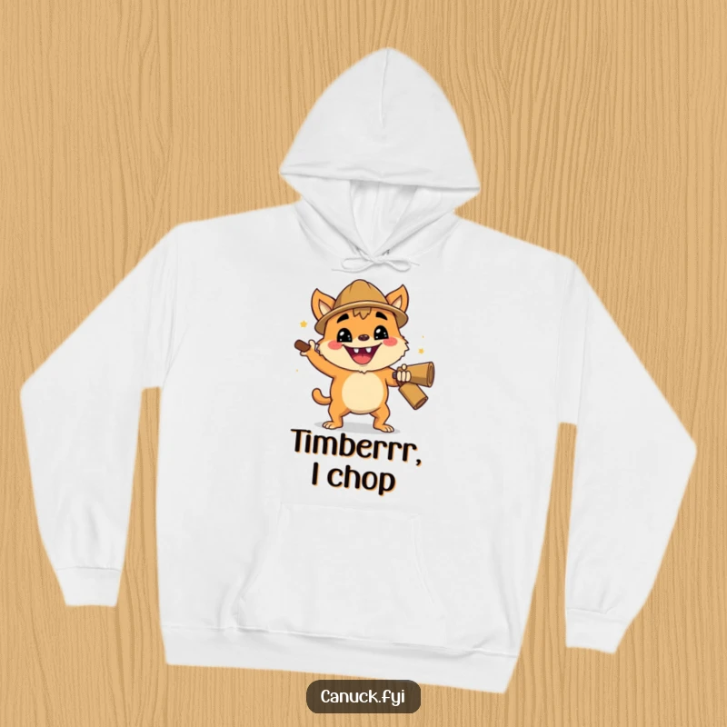 Funny hoodie depicting a creature with an enthusiastic grin doing a cheerful lumberjack chop, perfect for cozying up by the fire.