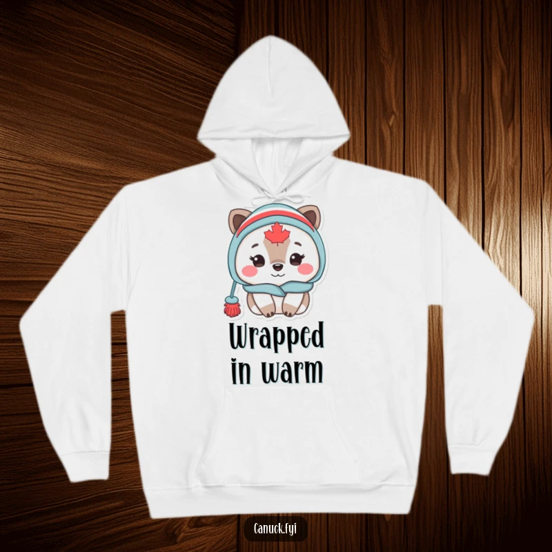 Funny Canadian animal character sporting a toque, looking supremely cozy and bundled up, featured on a plush hoodie.