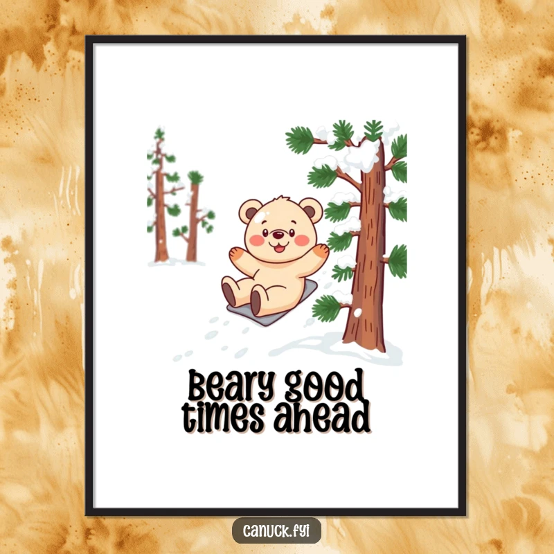 Funny free printable wall art of a happy bear cub sliding with glee down a snow-covered pine tree, radiating pure joy.