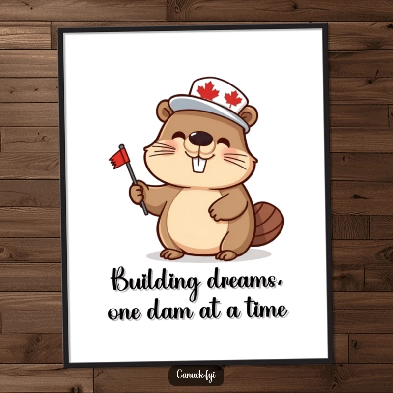 Funny Free Printable Wall Art: A happy beaver character wearing a maple leaf hat waves a small flag, decor.