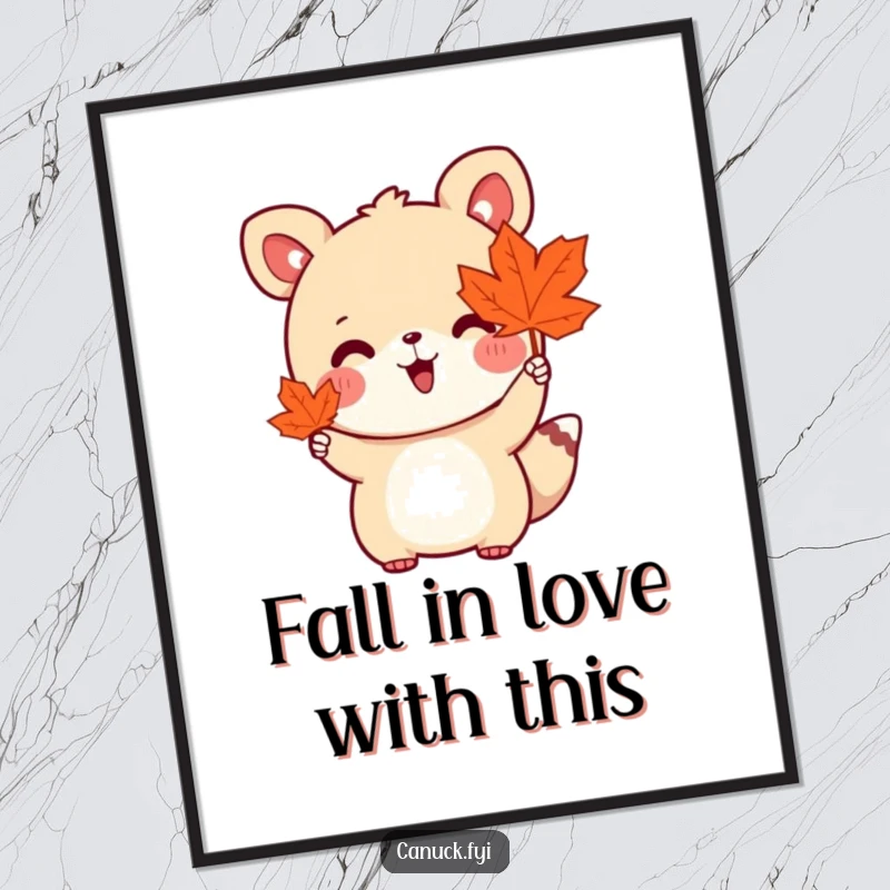 Funny Free Printable Wall Art: Cute animal enthusiastically waving a maple leaf, a charming seasonal art piece.