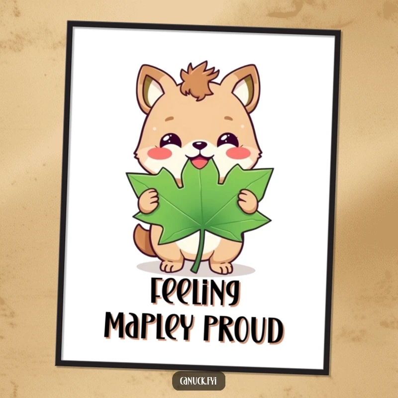 Funny Free Printable Wall Art: A happy animal holds a giant maple leaf with a triumphant smirk, embodying proud success.