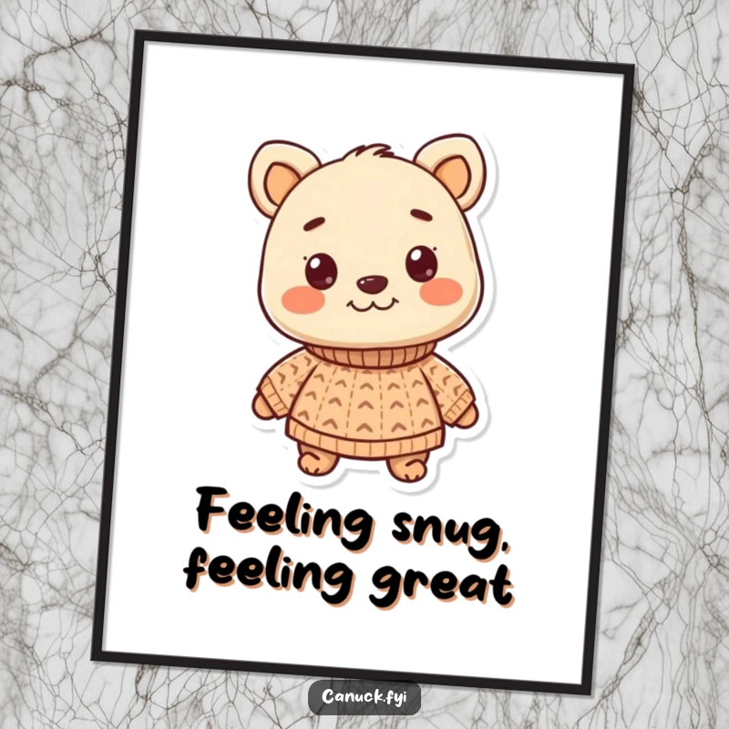 Funny Free Printable Wall Art: A smiling animal proudly wearing a small knitted sweater, radiating cozy charm and gentle happiness.