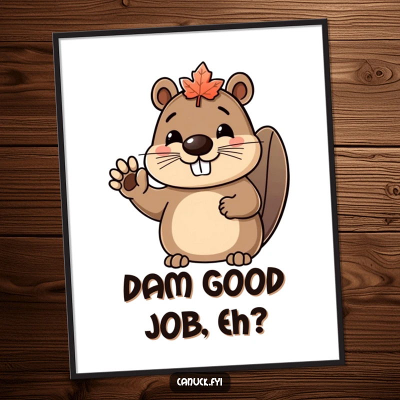 Funny free printable wall art showcasing a happy beaver character wearing a cute maple leaf hat and waving exuberantly.
