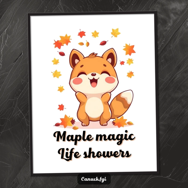 Funny Free Printable Wall Art: Happy animal character throwing colorful maple seeds into the air, creating a festive scene.
