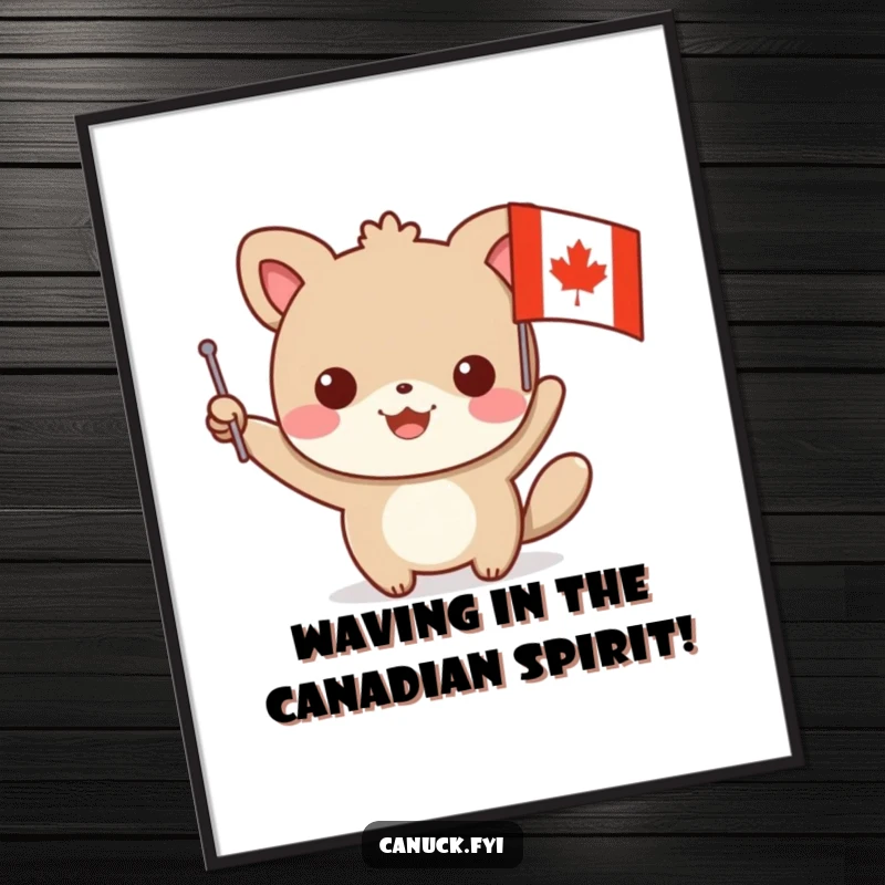 Funny Free Printable Wall Art depicting a happy animal character waving a small flag featuring a vibrant maple leaf design.