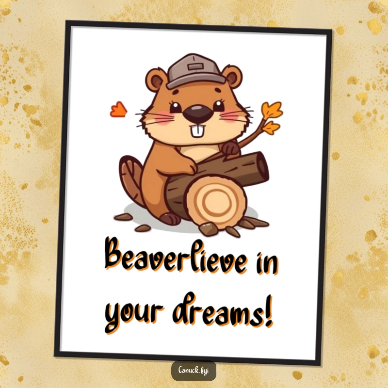 Funny Free Printable Wall Art: Cute beaver wearing a small lumberjack hat, enthusiastically chopping a stylized maple log with determination.