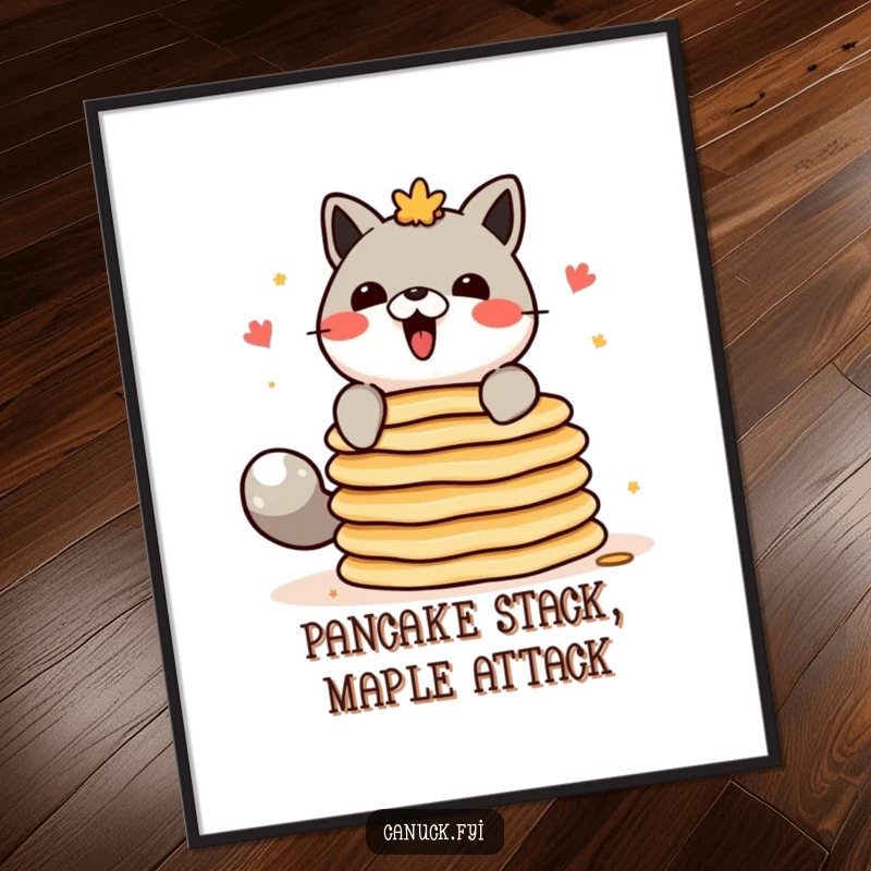 Funny free printable wall art: A Canadian animal character looking focused and slightly stressed while balancing an enormous stack of pancakes.