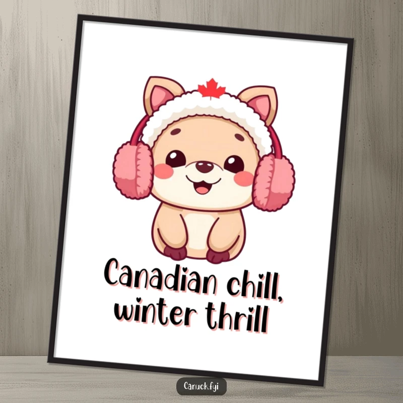 Funny free printable wall art: A Canadian animal character wearing plush fuzzy earmuffs, radiating warmth with a big, happy smile.