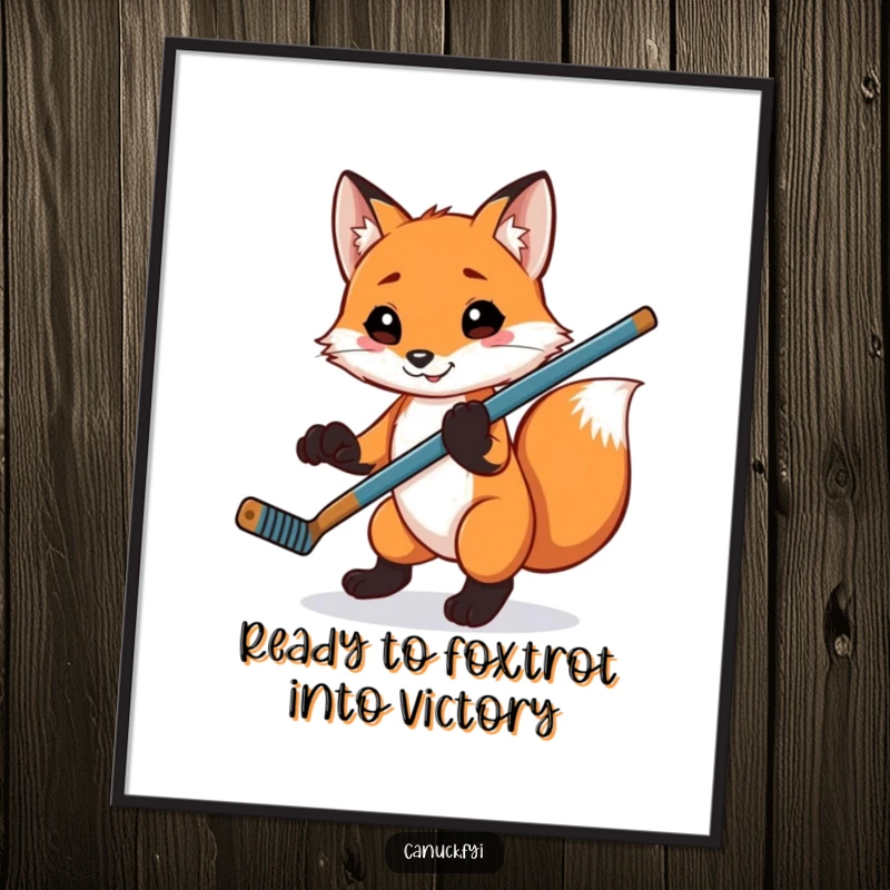 Funny Free Printable Wall Art: Playful fox balances hockey stick on paw, creating a fun, sporty vibe.