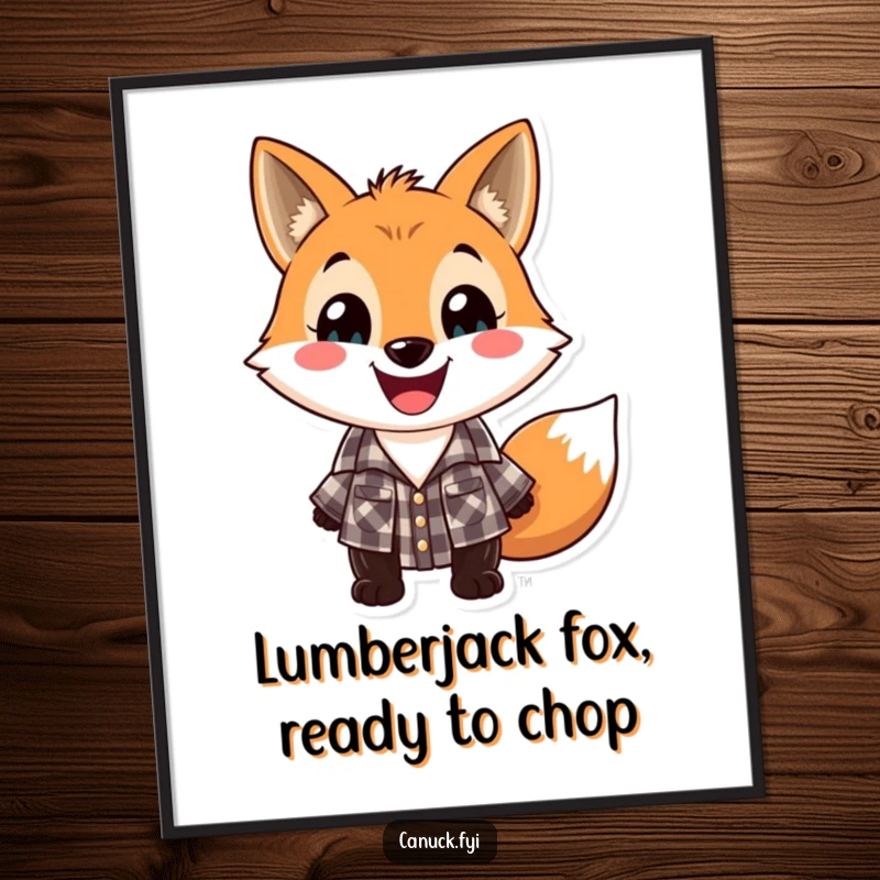 Funny Free Printable Wall Art: A playful fox sporting a checkered lumberjack shirt and a wide, happy grin.