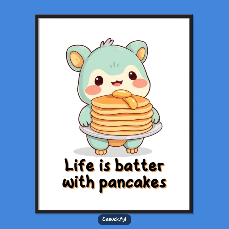 Funny Free Printable Wall Art: Smiling Creature with Pancakes, Downloadable Humorous Decor