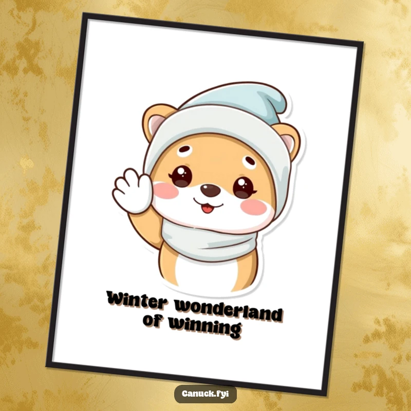 Funny free printable wall art of an animal wearing a cozy winter hat, giving a happy wave, perfect for adding cheerful winter decor.